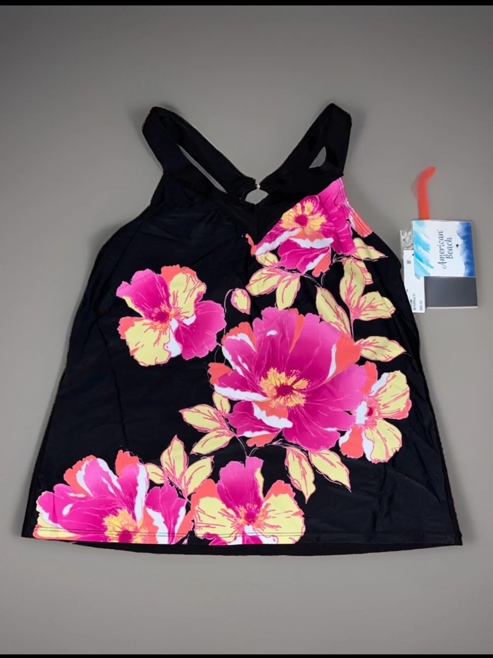 American Beach Tankin Black Bright Floral Criss-Cross Straps Keyhole Swim Top